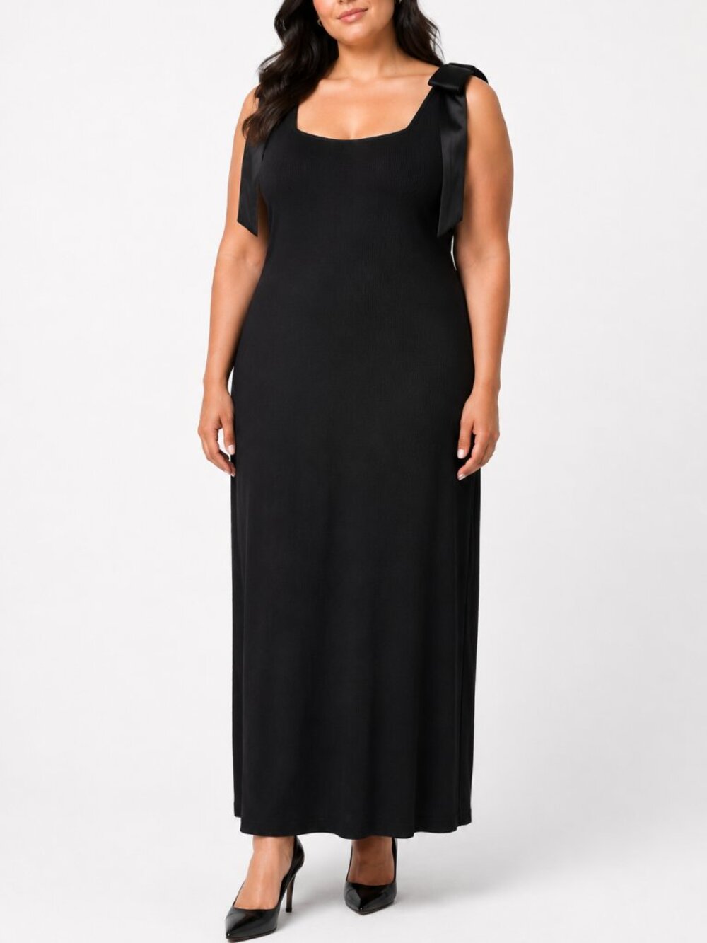 MEROKEETY Black Ribbon Tie Shoulder Ribbed Knit Maxi Dress Square Neck Size XL